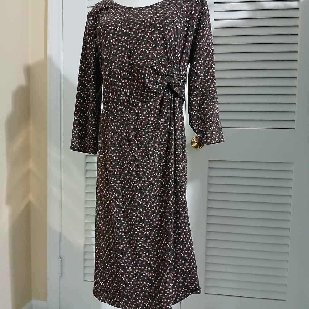 Lands' End XL/18P Floral Olive Side-Knot 5/8ths-Sleeved Trad-Life Cotton Blend